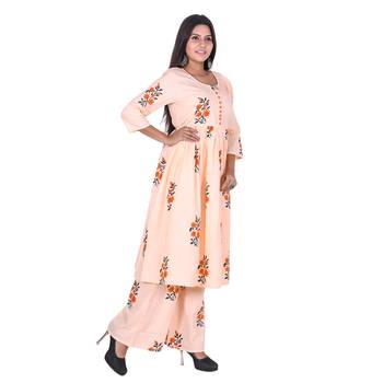 Orange Cotton Floral Printed Kurti-Palazzo Set 3