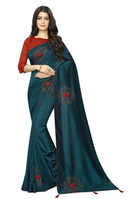 Turquoise embroidered art silk saree with blouse 1