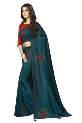 Turquoise embroidered art silk saree with blouse 2
