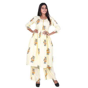 Yellow Cotton Floral Printed Kurti-Palazzo Set 1