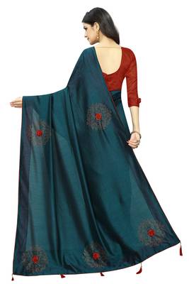 Turquoise embroidered art silk saree with blouse 3