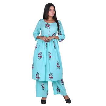 Aqua Blue Cotton Floral Printed Kurti-Palazzo Set 1
