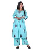 Aqua Blue Cotton Floral Printed Kurti-Palazzo Set