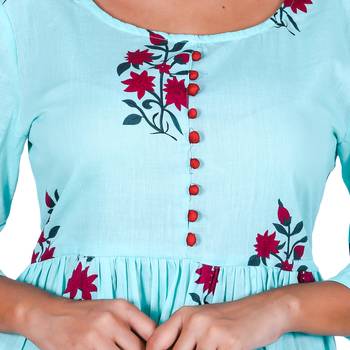 Aqua Blue Cotton Floral Printed Kurti-Palazzo Set 2