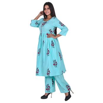 Aqua Blue Cotton Floral Printed Kurti-Palazzo Set 3