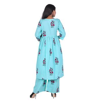 Aqua Blue Cotton Floral Printed Kurti-Palazzo Set 4