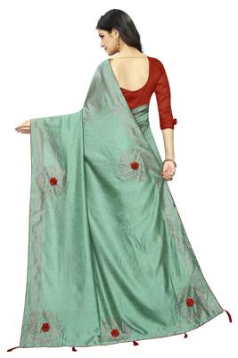 Turquoise embroidered art silk saree with blouse 3