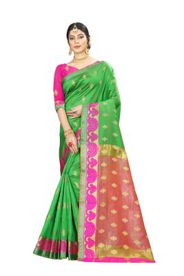 Women   s green Pure Banarasi silk Designer Saree with Wovan Design 1