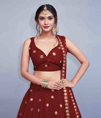 Red Embroidered Art Silk Unstitched Lehenga 2