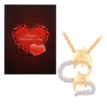 Valentine'S Special V'Day Greeting Card With Gold Plated Cz Dolphin Pendant With Chain For Women 1