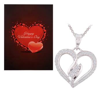 Valentine'S Special V'Day Greeting Card With Silver Plated Cz Heart Pendant With Chain For Women 1