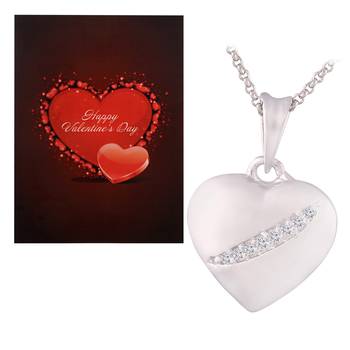 Valentine'S Special V'Day Greeting Card With Silver Plated Cz Heart Pendant With Chain For Women 1
