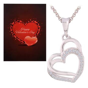 Valentine'S Special V'Day Greeting Card With Silver Plated Cz Double Heart Pendant With Chain For Women 1