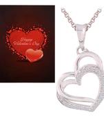 Valentine'S Special V'Day Greeting Card With Silver Plated Cz Double Heart Pendant With Chain For Women