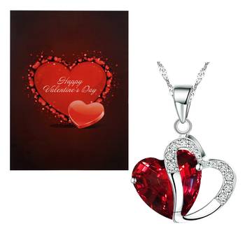 Valentine'S Special V'Day Greeting Card With Gold Plated Cz Heart Pendant With Chain For Women 1