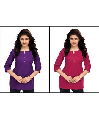 Multicolor Plain Cambric Stone Work Cotton 2 Tops Combo 1