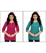 Multicolor Plain Cambric Stone Work Cotton 2 Tops Combo