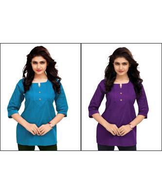 Multicolor Plain Cambric Stone Work Cotton 2 Tops Combo 1
