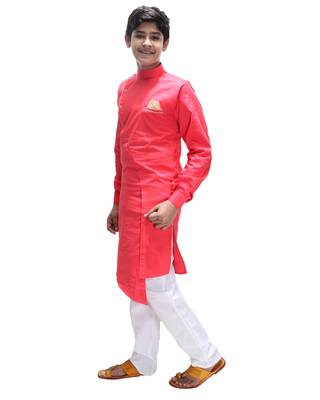 Pink plain cotton silk boys-kurta-pyjama 2
