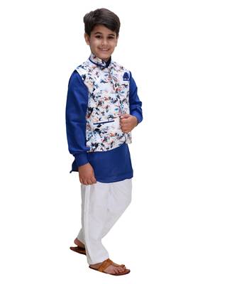 Blue printed cotton silk boys-kurta-pyjama 2