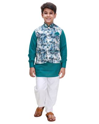 Green printed cotton silk boys-kurta-pyjama 1