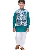 Green printed cotton silk boys-kurta-pyjama
