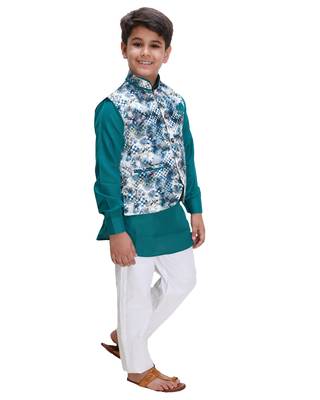 Green printed cotton silk boys-kurta-pyjama 2