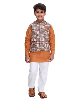 Yellow printed cotton silk boys-kurta-pyjama 1