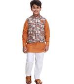 Yellow printed cotton silk boys-kurta-pyjama