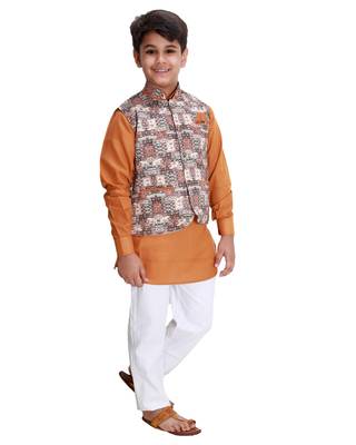 Yellow printed cotton silk boys-kurta-pyjama 2