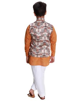 Yellow printed cotton silk boys-kurta-pyjama 4
