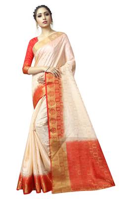 Cream printed nylon saree with blouse 1