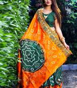 green Bandhani Hand Women Saree