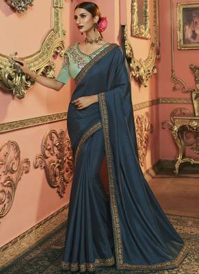 Navy Blue Party Wear Designer Embroidery Saree 1