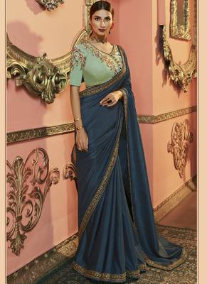 Navy Blue Party Wear Designer Embroidery Saree 2
