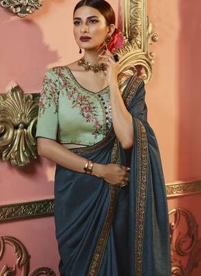 Navy Blue Party Wear Designer Embroidery Saree 3