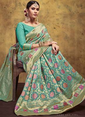 Aqua Blue Art Silk Party Wear Saree 2