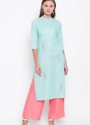 Sky-blue embroidered cotton cotton-kurtis 1