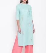 Sky-blue embroidered cotton cotton-kurtis