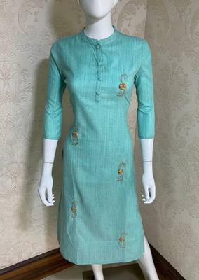 Sky-blue embroidered cotton cotton-kurtis 2