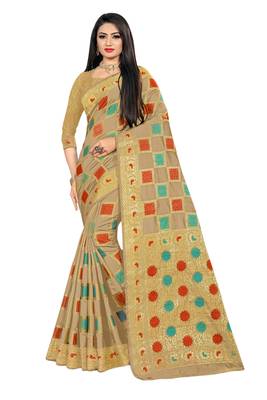 Beige woven cotton silk saree with blouse 1