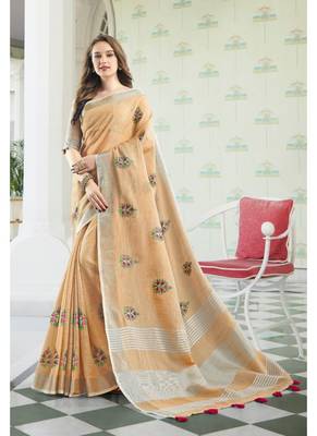 Beige embroidered linen saree with blouse 1