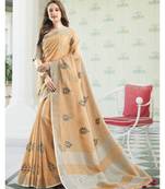 Beige embroidered linen saree with blouse