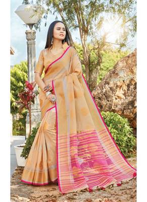 Beige woven linen saree with blouse 1