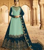 Light-turquoise embroidered silk Sharara suit