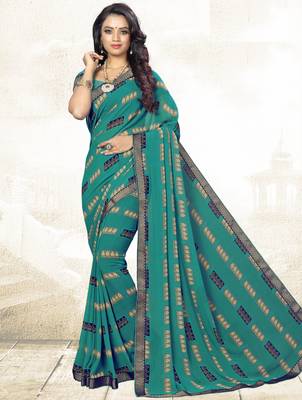  turquoise printed georgette saree with blouse 1
