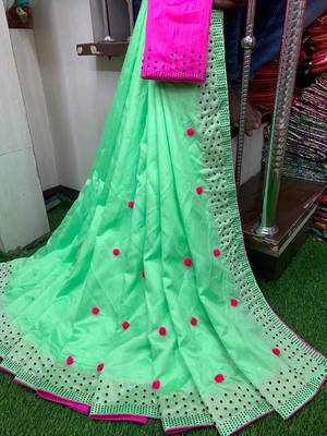 green art silk pom pom saree with blouse 1