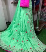 green art silk pom pom saree with blouse