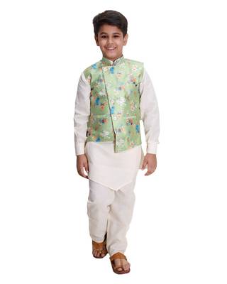Green printed cotton silk boys-kurta-pyjama 1