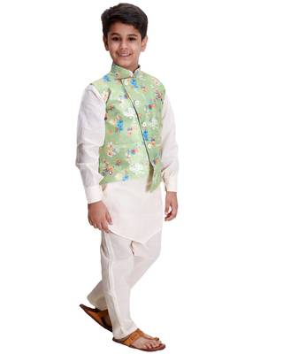 Green printed cotton silk boys-kurta-pyjama 2